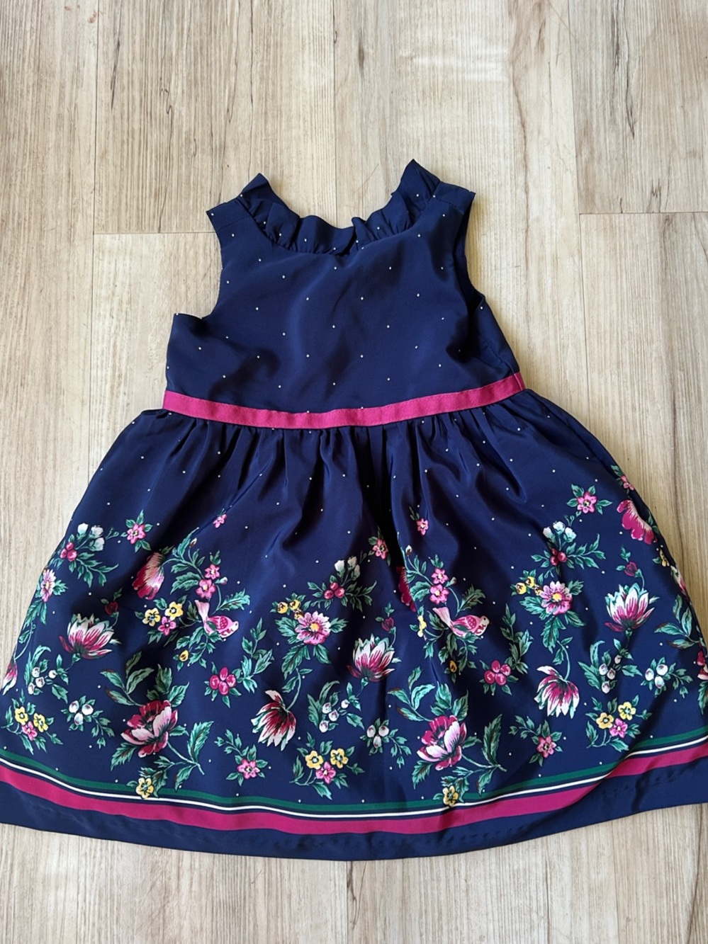 Janie and Jack Navy Floral Ruffle-Trim Girls' Dress with Pink Waistband